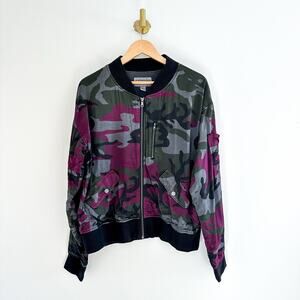 Anthropologie Marrakech Satin Camo Print Zip Up Bomber Jacket Purple/Black L